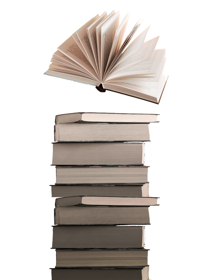 펼쳐진 책과 쌓인 책들